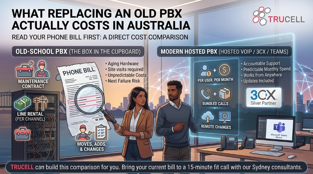 Editorial banner: PBX replacement cost in Australia, comparing old-school PBX to modern hosted VoIP with Sydney Harbour in the background