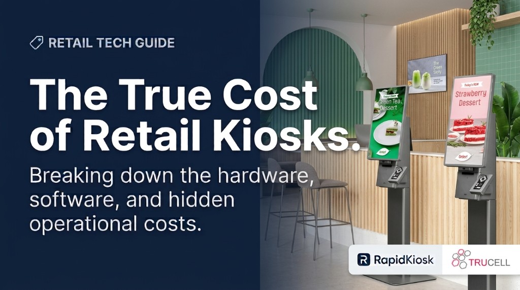 Retail tech guide banner: the true cost of retail kiosks, with self-service ordering stations in a cafe