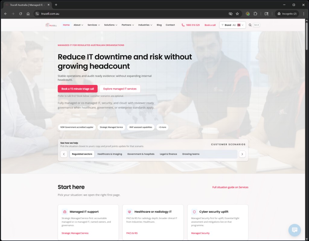 Trucell homepage with the new region selector and customer scenarios tabs