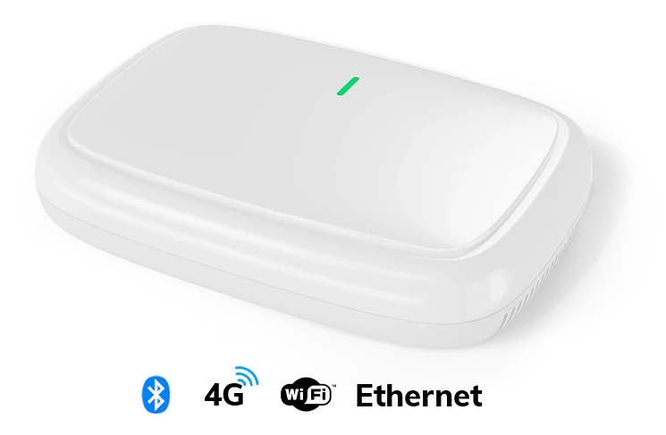 CrewPresence LTE Gateway, a white Bluetooth gateway with 4G, Wi-Fi, and Ethernet
