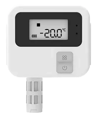 CrewPresence Temp Sensor, a small white wall mount unit with an LCD screen and a short probe
