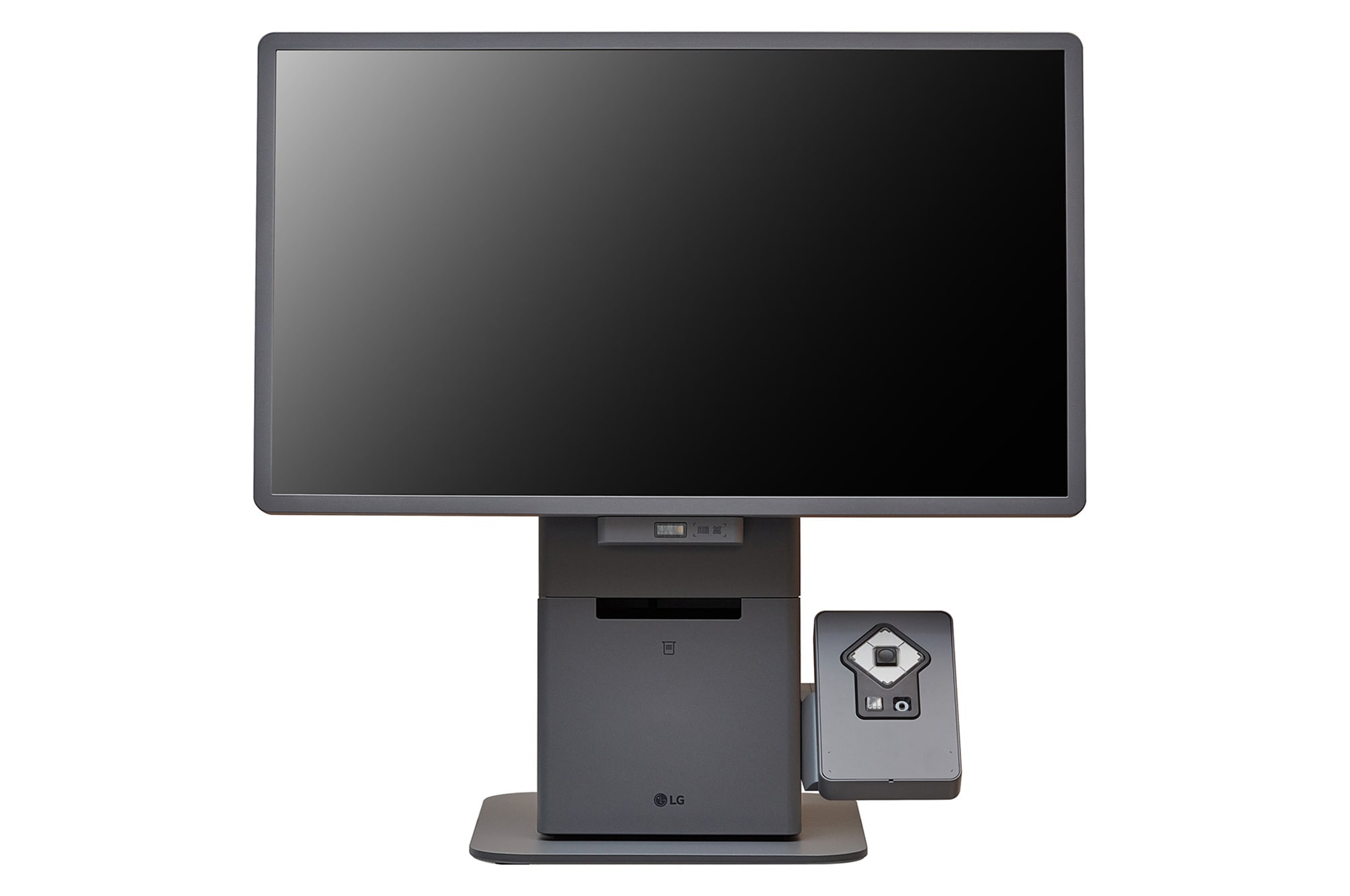 LG landscape kiosk with a barcode scanner and accessibility side panel