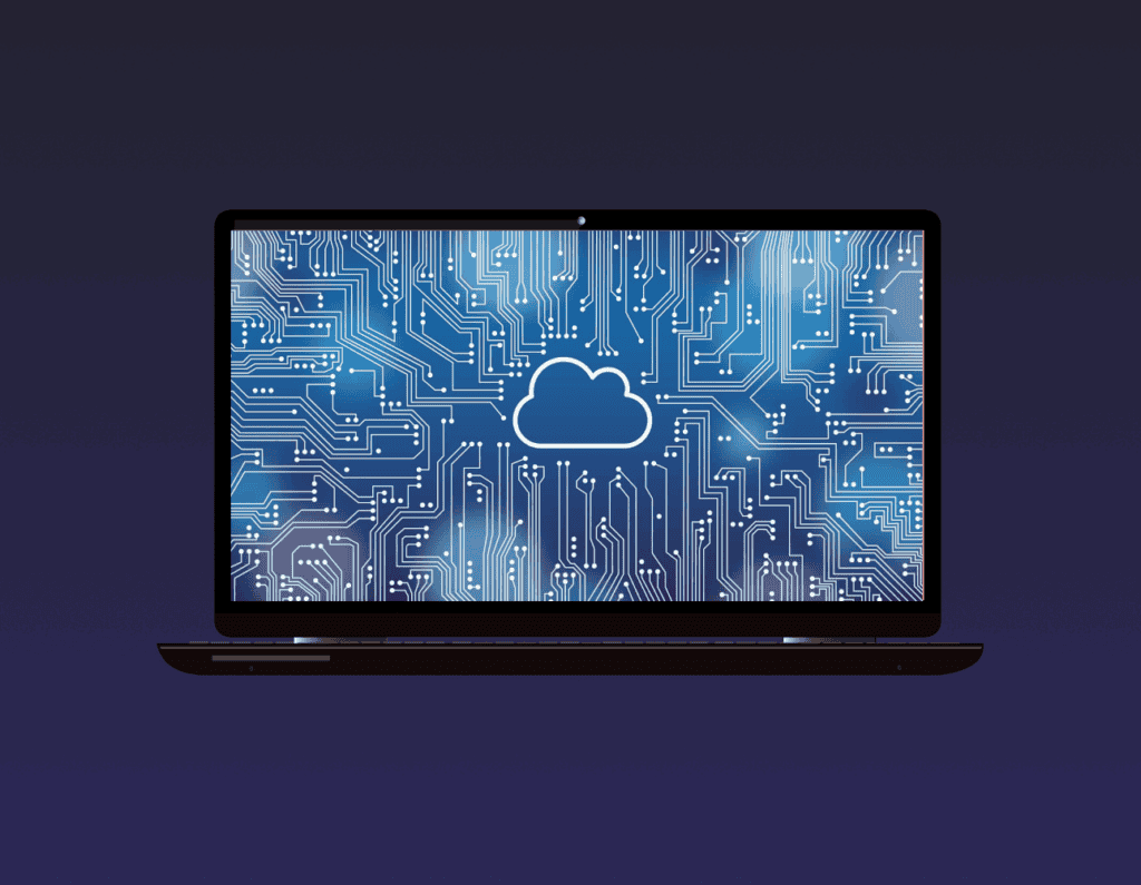 opened laptop, showing an image of a circuit board made of white lines and points with a cloud icon in the middle of the screen.