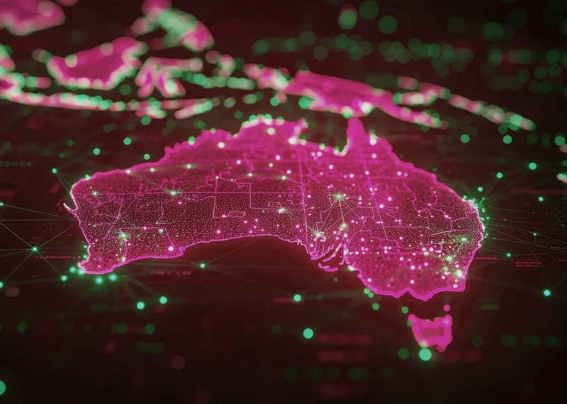 Map of Australia made up of string of lights with green lights on different cities and suburbs