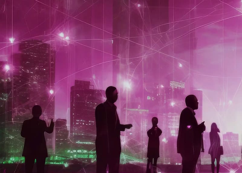 Silhouette of people in business attire with buildings in the background, overlaid with tech lines and digital aura, symbolizing modern business and technology integration