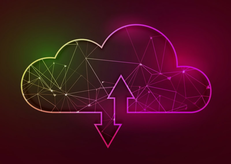 Flat lay design icon of cloud with tech lines, featuring an upward and downward arrow, symbolizing cloud data transfer and technology integration