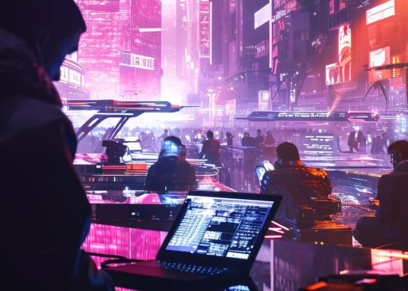 people facing their own monitors in a futuristic street in between buildings