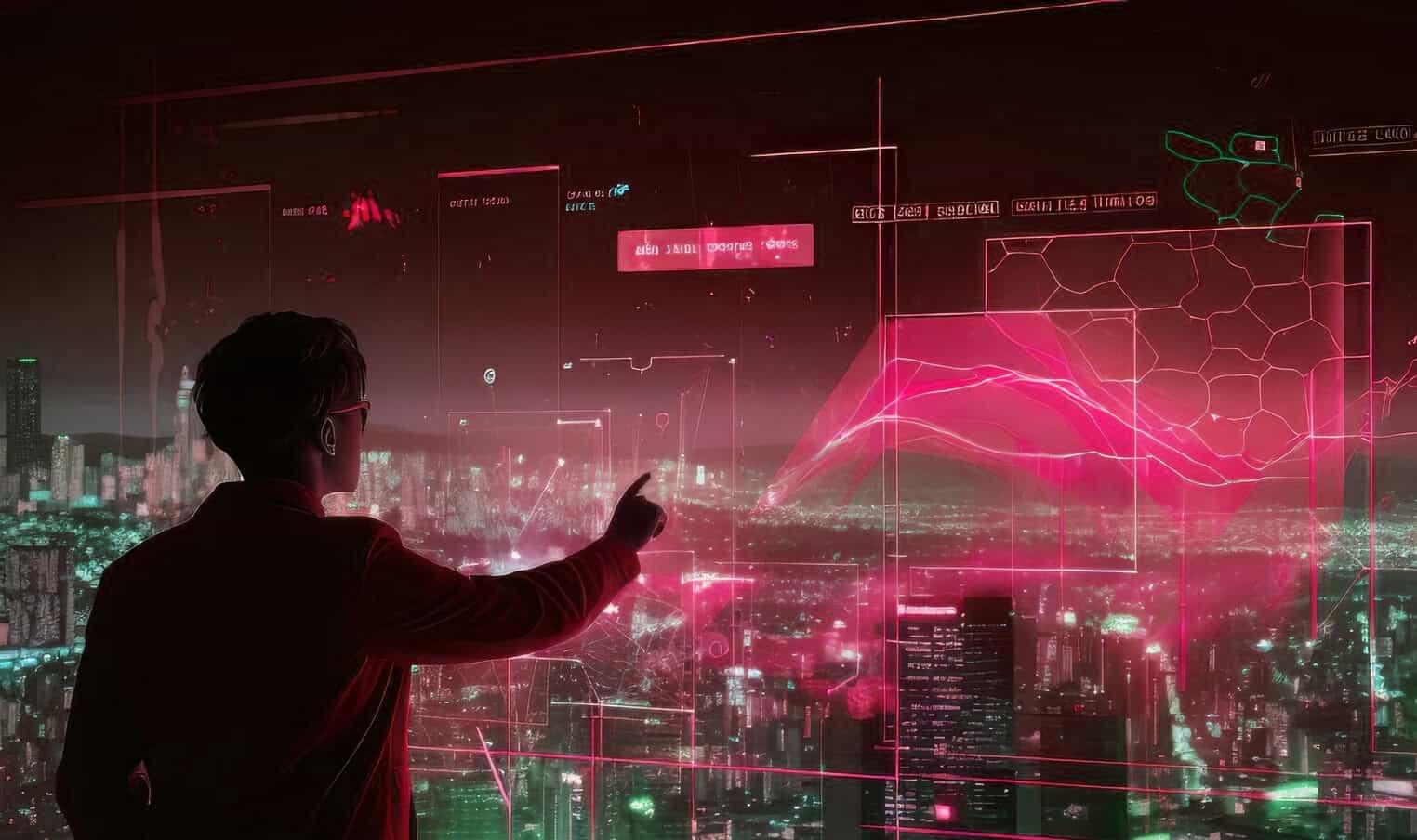 Man Pointing at a holographic, tech related panel, showcasing advanced technology or data