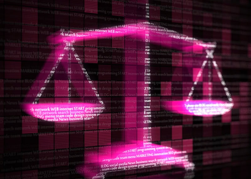 Scale of Justice composed of embedded words with a glitch effect, representing technology in Legal industry