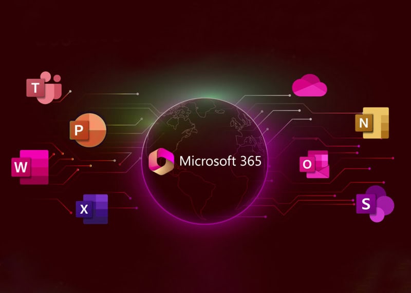 Earth with Microsoft 365 written on the middle and a circuitry on the background with the logos of different Microsoft Applications around