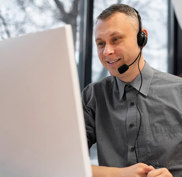 Smiling guy wearing headset while facing a monitor