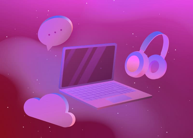 laptop and 3d Message bubble, cloud and headphones around it