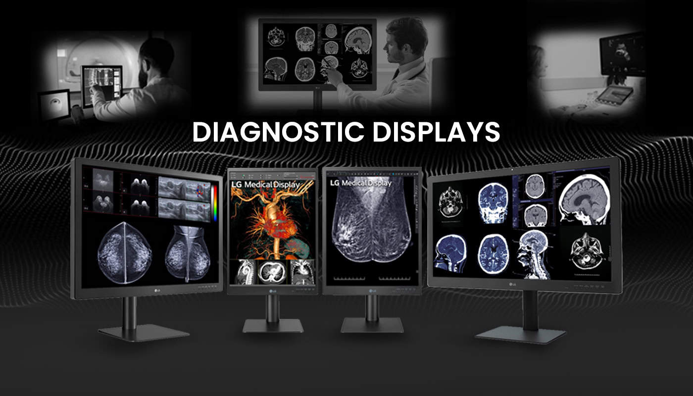 diagnostic displays lined up in front with images of practitioners using diagnostic displays in the background