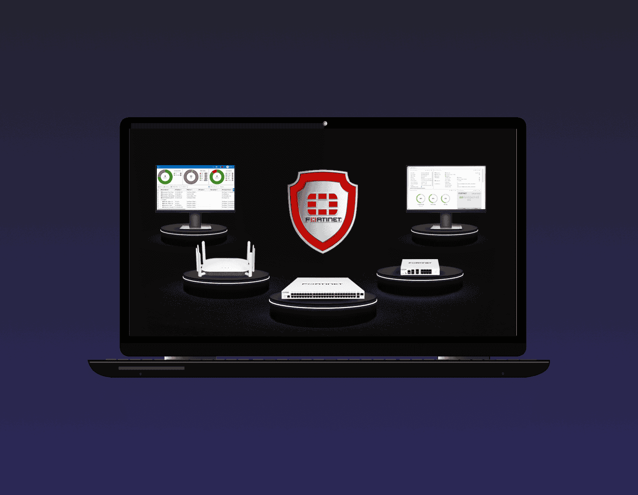 Opened laptop showing different Fortinet Products used for secured connectivity