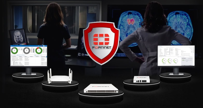 Image of Fortinet products on top of Platforms, Fortinet, FotiAP, FortiGate, FortiManager, and FortiAnalyzerwith a logo of Fortinet in the middle of a shield and a background image of practitioners looking at scan results