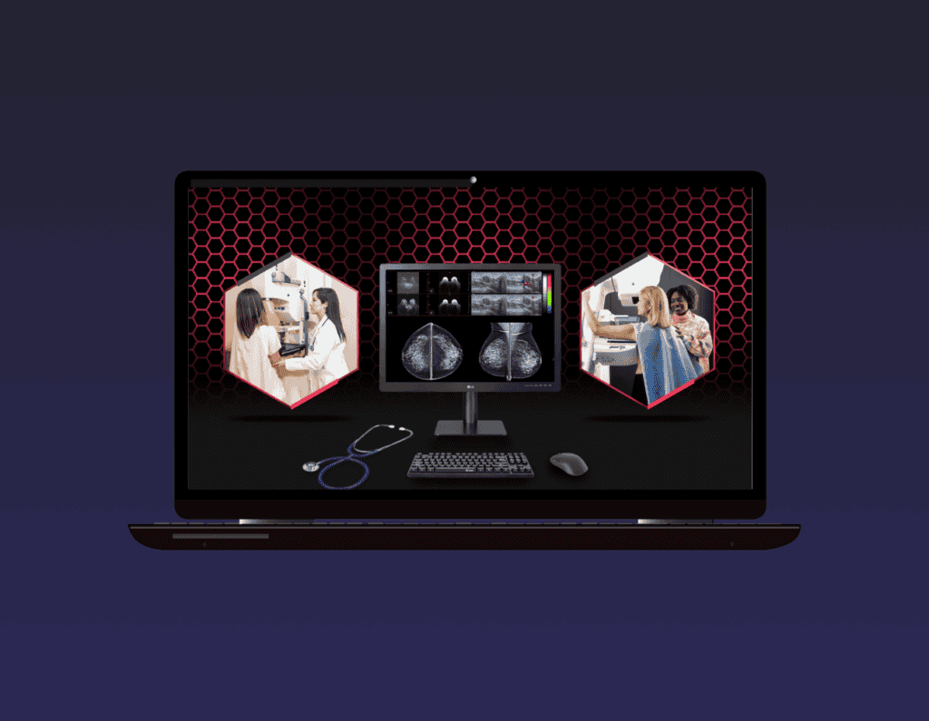 Opened laptop showing a Diagnostic Display that can be used for Mammogram and photos of nurse and patient on either side of the monitor