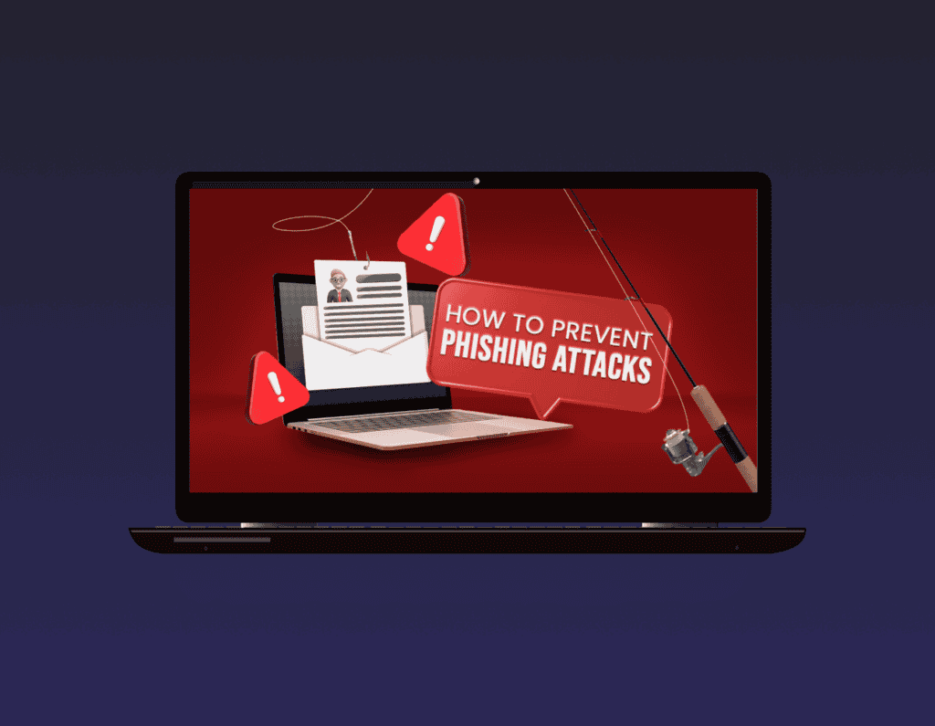 Opened laptop showing a fishing rod taking a document from a laptop with a title saying how to prevent phishing attacks