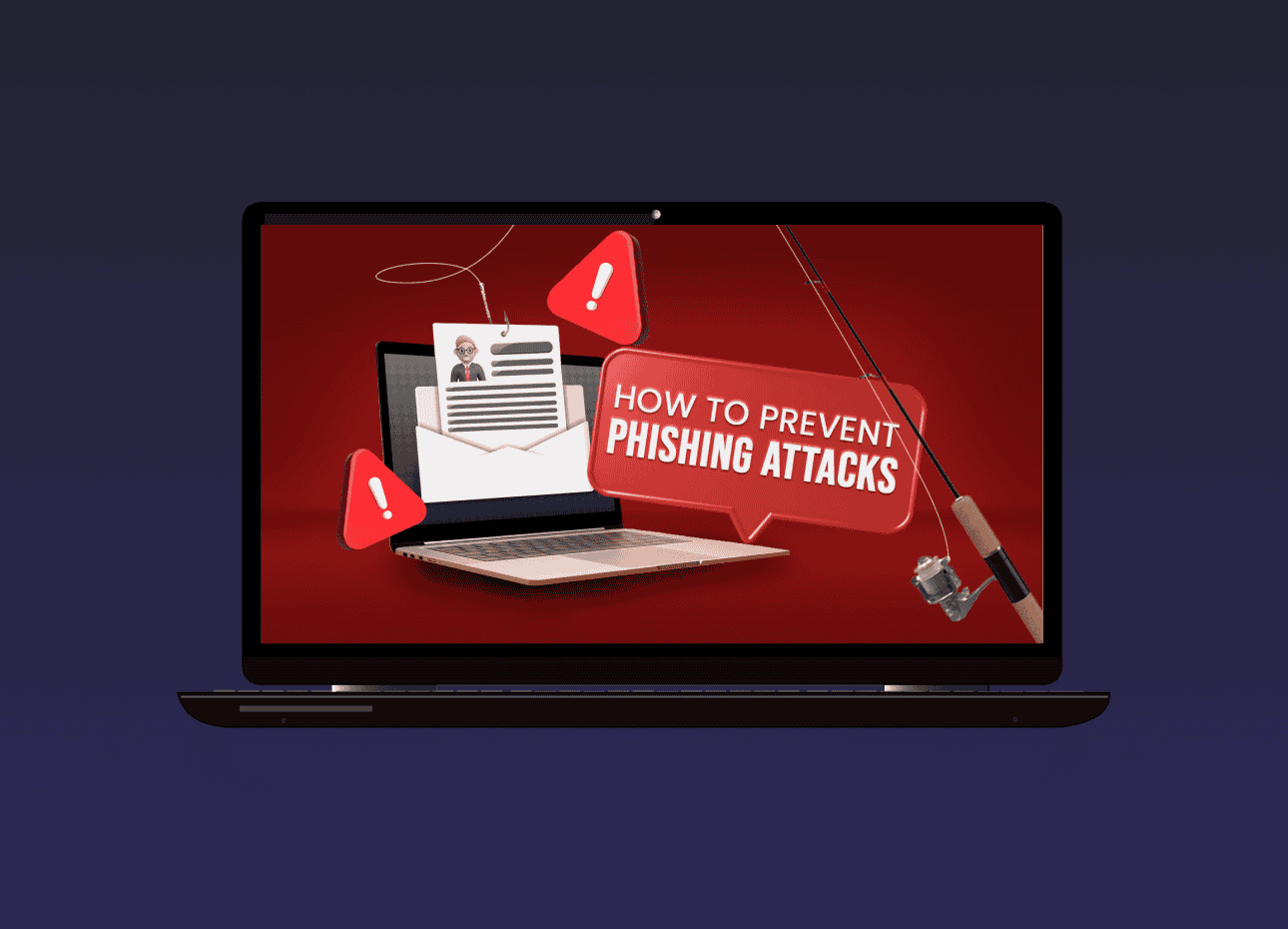 Opened laptop showing a fishing rod taking a document from a laptop with a title saying how to prevent phishing attacks