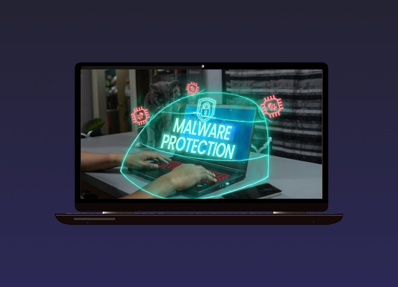 laptop shielded with forcefield being protected from the attacking malwares